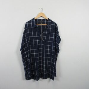 Tahari Women Navy White Plaid Linen Rayon Pullover Tunic Shirt 2X Boho Beach